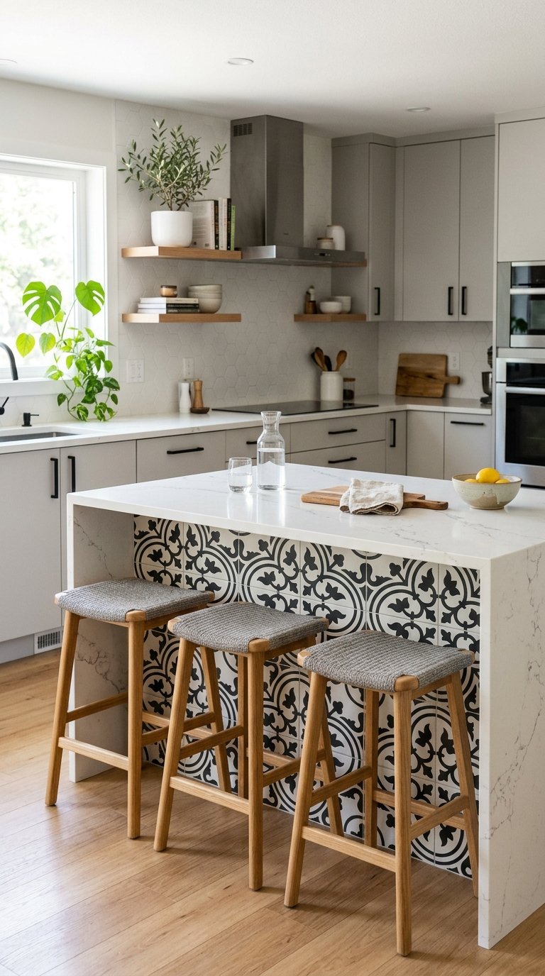 Modern kitchen with light gray cabinets, a patterned black and white island, wooden bar stools, open shelving with plants, and a window providing natural light.