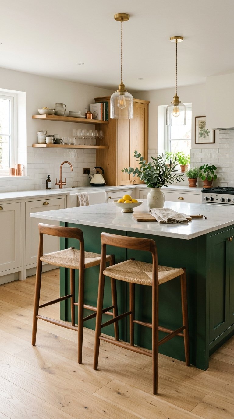 A modern kitchen with a large island painted green, topped with a white marble countertop. Two wooden chairs with woven seats are placed at the island. The kitchen features white cabinetry, open wooden shelves, and a white brick backsplash. Potted plants and a bowl of lemons decorate the countertop, and pendant lights hang from the ceiling.