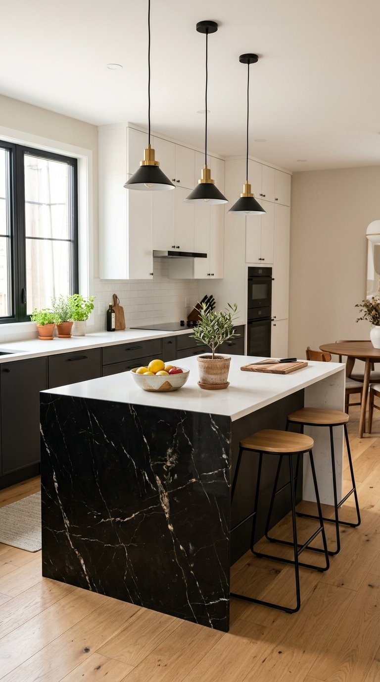 Modern kitchen featuring a large black marble island with wood and metal stools, white cabinets, and pendant lights. The countertop holds a bowl of fruit and a potted plant, with additional greenery near the window.