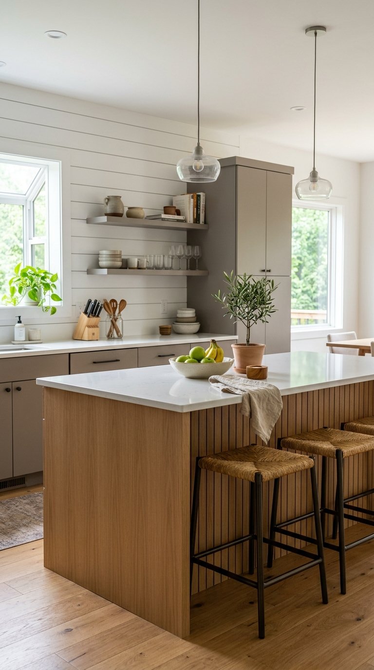 A modern kitchen with a light wood island, white countertops, and bar stools with woven seats. The room has open shelves with dishes, a hanging pendant light, potted plants, and a window overlooking greenery.