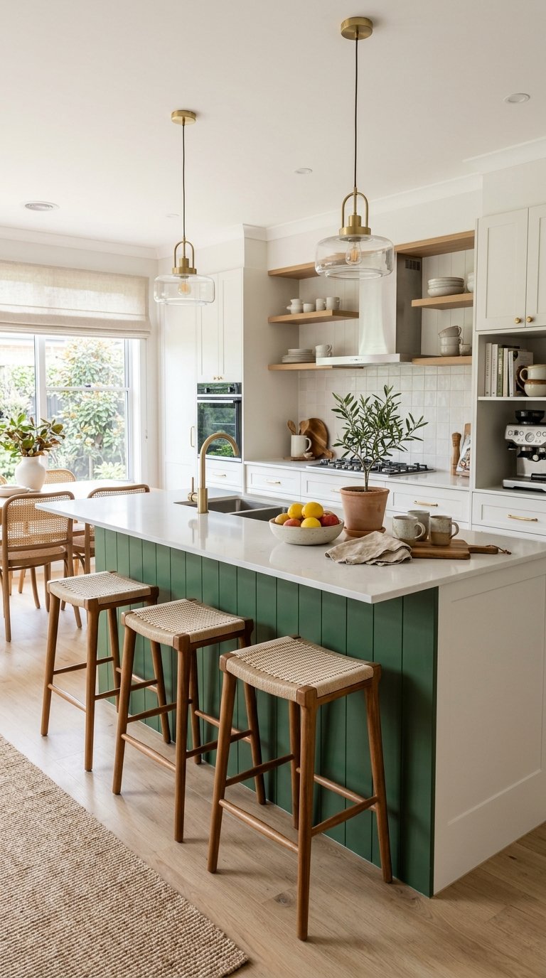 A bright and modern kitchen featuring a white island counter with a green base, topped with a bowl of fruit and a potted plant. Three woven bar stools line the island, and pendant lights hang above. The kitchen has light wood flooring, open shelves with dishes, and a large window providing natural light.