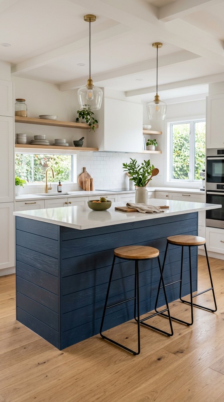 Modern kitchen with a blue island, two wooden stools, and pendant lights, featuring white cabinets and wooden shelves with plants and dishes.