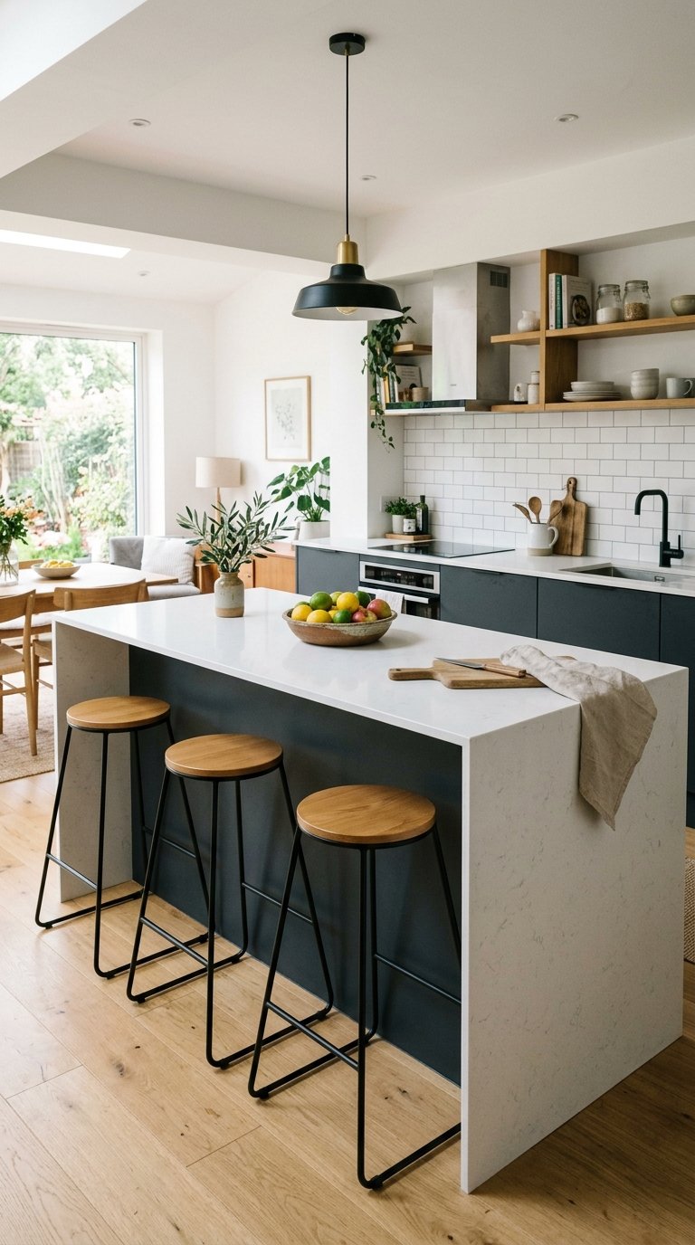 Modern kitchen with a white island featuring three wooden bar stools, black pendant light, and open shelving with dishes and plants.