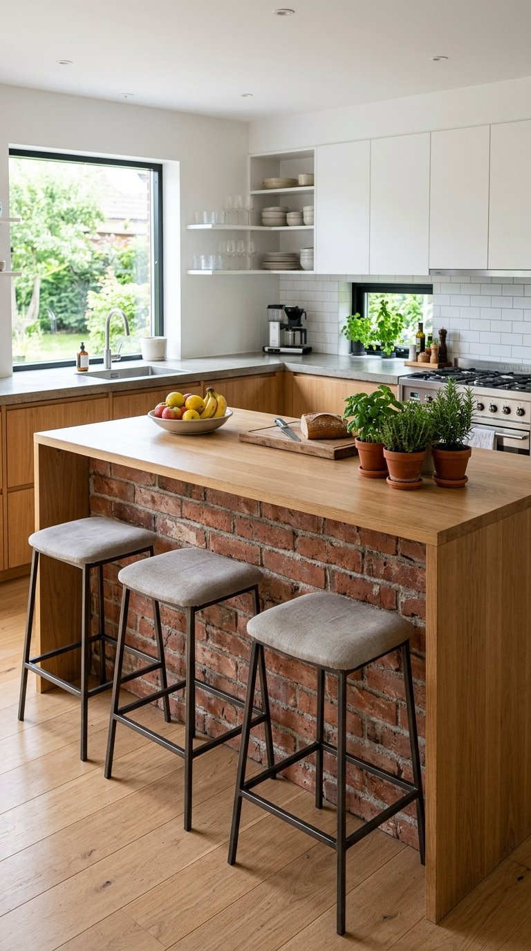 Modern kitchen with a wood and brick island, topped with fresh fruits and potted herbs, featuring three high stools, white cabinetry, a window overlooking a garden, and a stainless steel stove with a white tile backsplash.