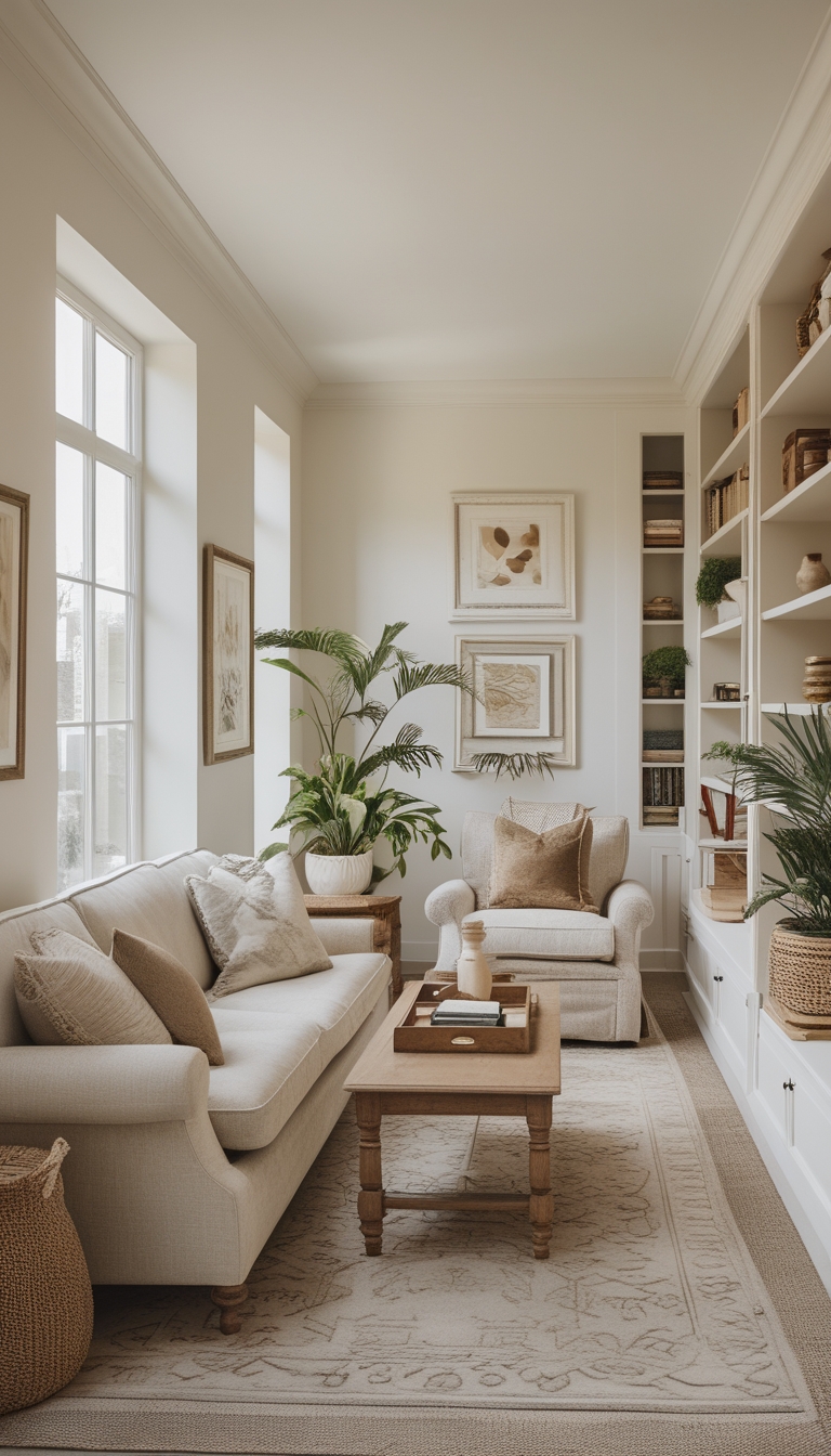 A cozy living room with a light beige sofa and armchair, wooden coffee table, and decorative plants. The walls are adorned with framed art, and there's a built-in bookshelf filled with books and decor. The room features large windows, allowing natural light to brighten the space, and a patterned rug adds warmth.