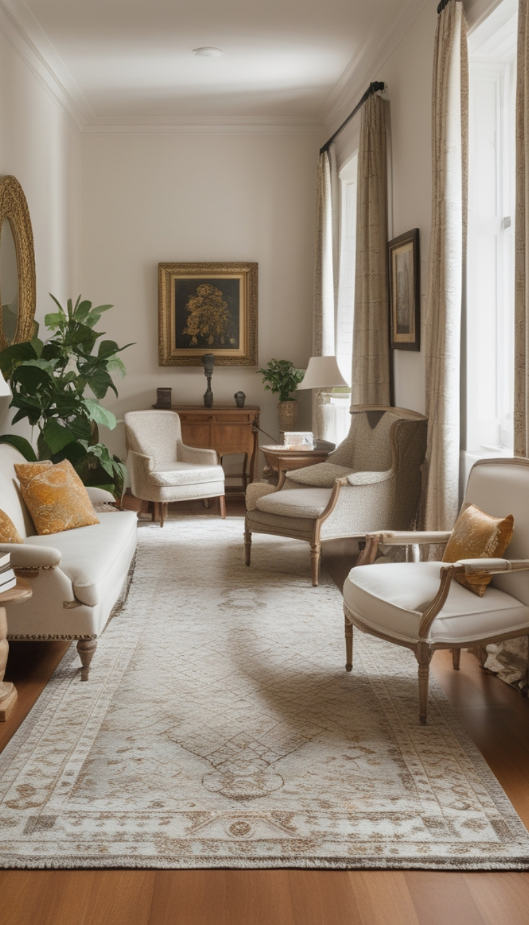 A cozy, elegant living room featuring a cream-colored sofa, two armchairs, and a light patterned rug. The room is adorned with a potted plant, a table with a lamp, and framed artwork on the walls, with natural light coming in through tall windows with drapes.