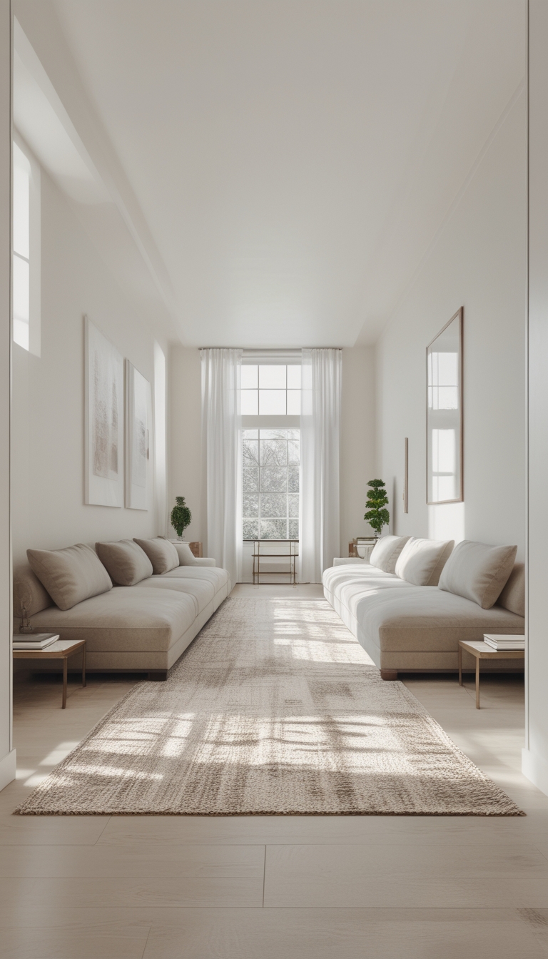 A minimalist living room with two long beige sofas facing each other, a large window with sheer curtains at the far end, potted plants, and soft lighting casting patterns on a plush rug covering the wooden floor.