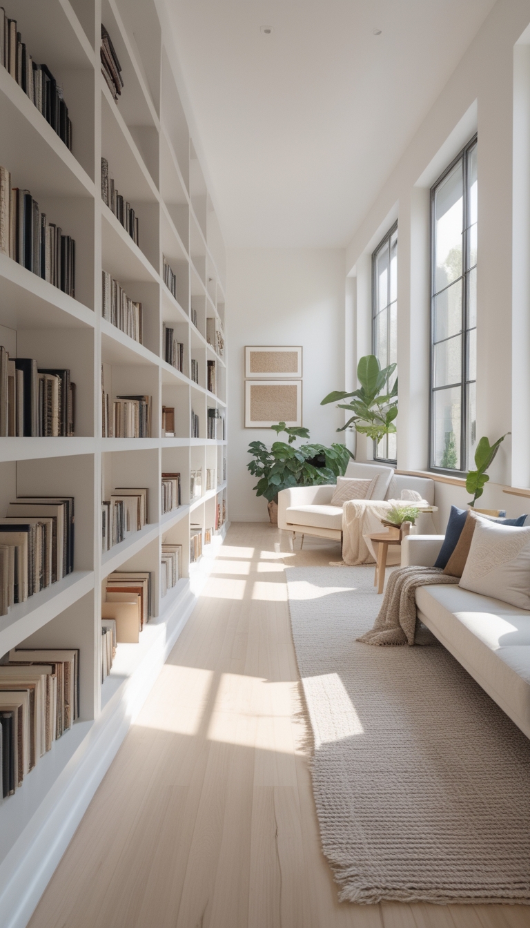 A bright and modern reading room featuring a wall of white bookshelves filled with books, a comfortable white armchair, a light gray sofa with pillows, and several potted plants near large windows that let in abundant natural light.