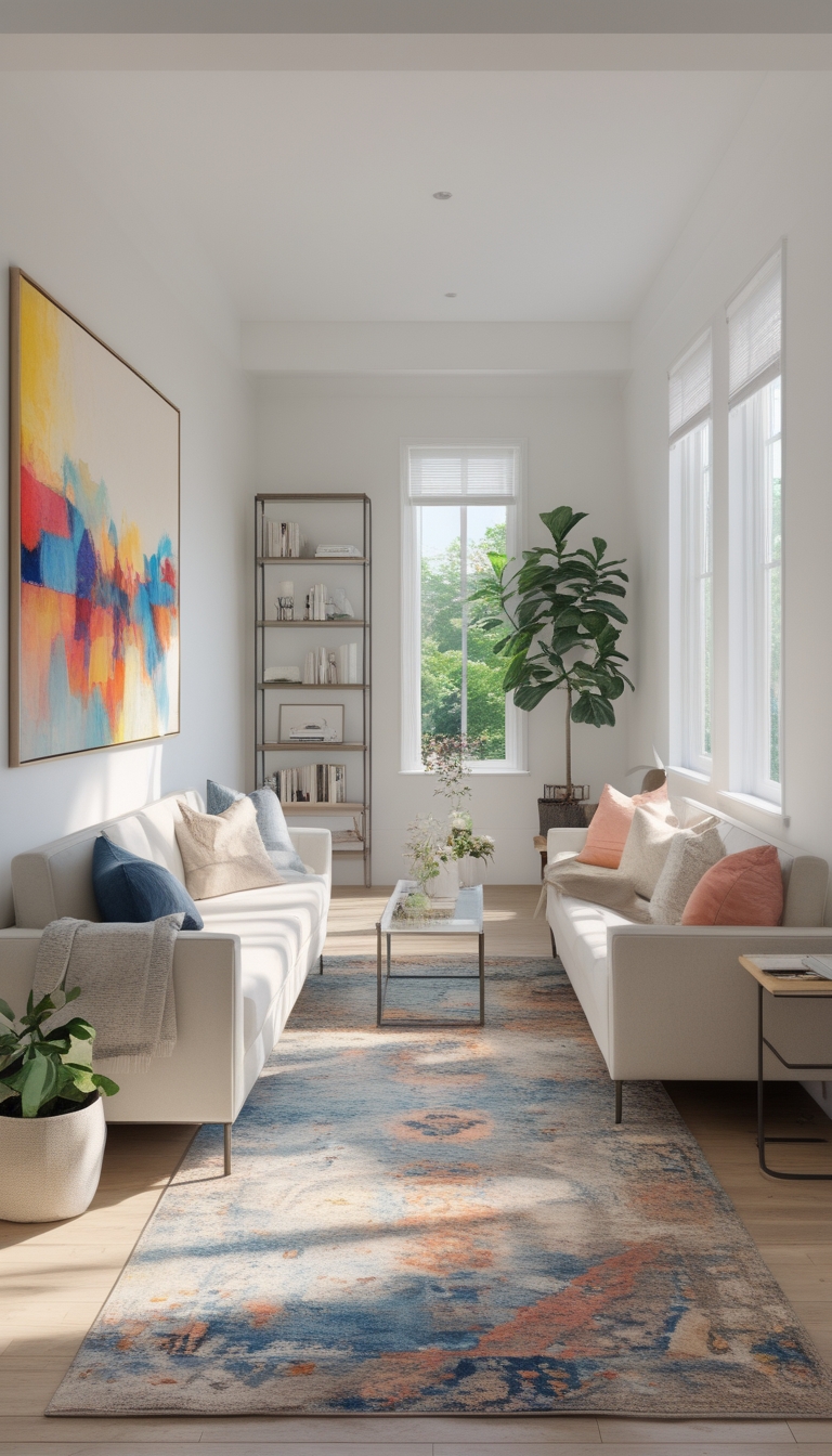 A modern, bright living room featuring two white sofas facing each other with colorful pillows, a tall potted plant beside a window, a vibrant abstract painting on the wall, a bookshelf, and a patterned rug on a wooden floor.