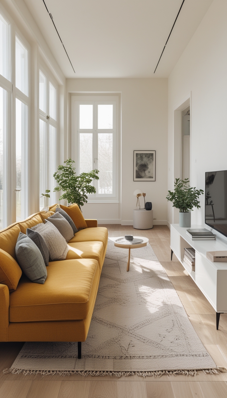 A modern living room with a mustard yellow sofa adorned with gray and cream cushions, positioned on a light-colored patterned rug. The space is bright with natural light streaming through large windows, and includes potted plants, a small round coffee table, and a minimalist TV stand with a flat-screen TV. The walls are decorated with a monochrome abstract artwork.