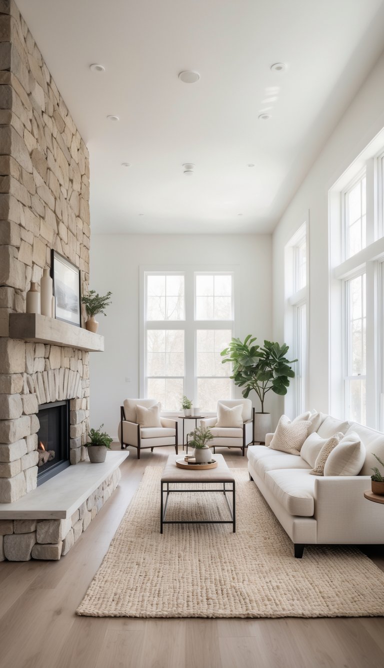 A modern living room featuring a stone fireplace, a white sofa with throw pillows, two armchairs, a coffee table, and large windows with abundant natural light. The room is decorated with small potted plants and has a light-colored area rug on wooden flooring.