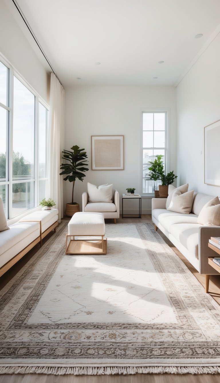 A minimalist living room with a large window allowing natural light, featuring a white sofa, armchair, and ottoman arranged on a patterned rug. The room is decorated with indoor plants and framed wall art, creating a serene and airy atmosphere.