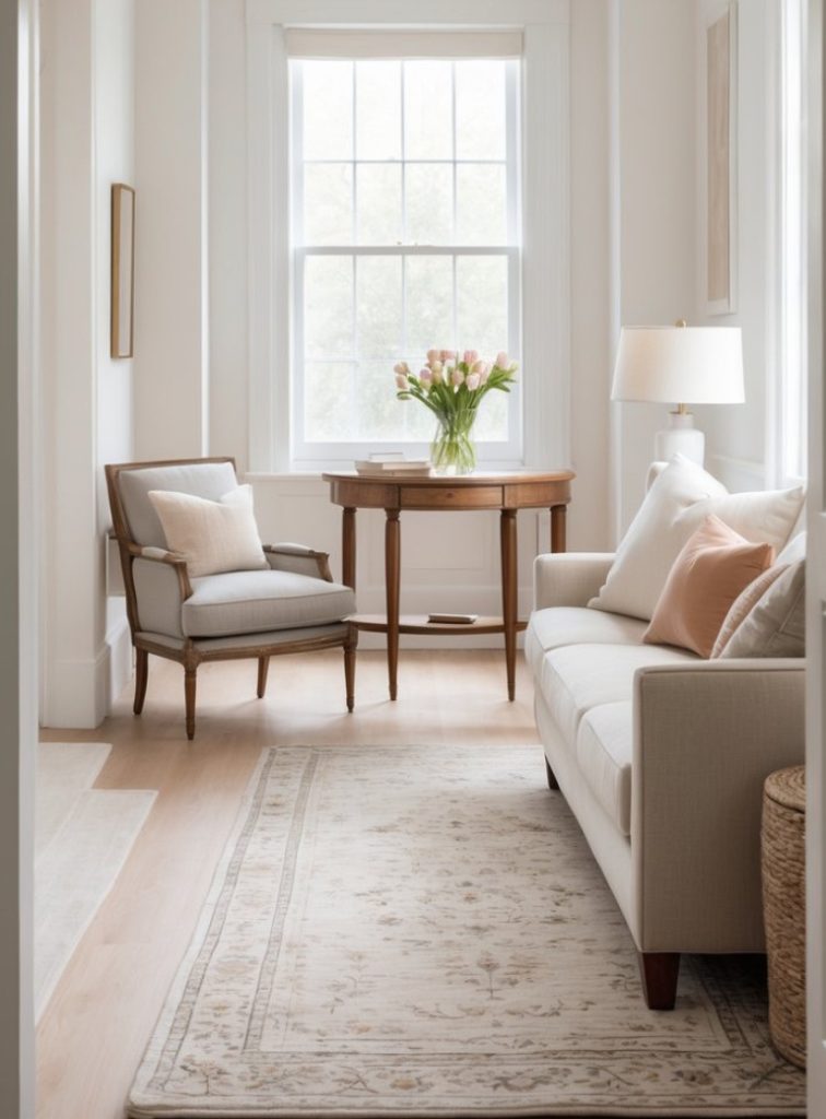 A cozy living room with a light gray armchair, a light beige sofa adorned with pink and white cushions, and a small wooden table with a vase of pink tulips by a large window. The space is completed with a soft, patterned rug and a table lamp.