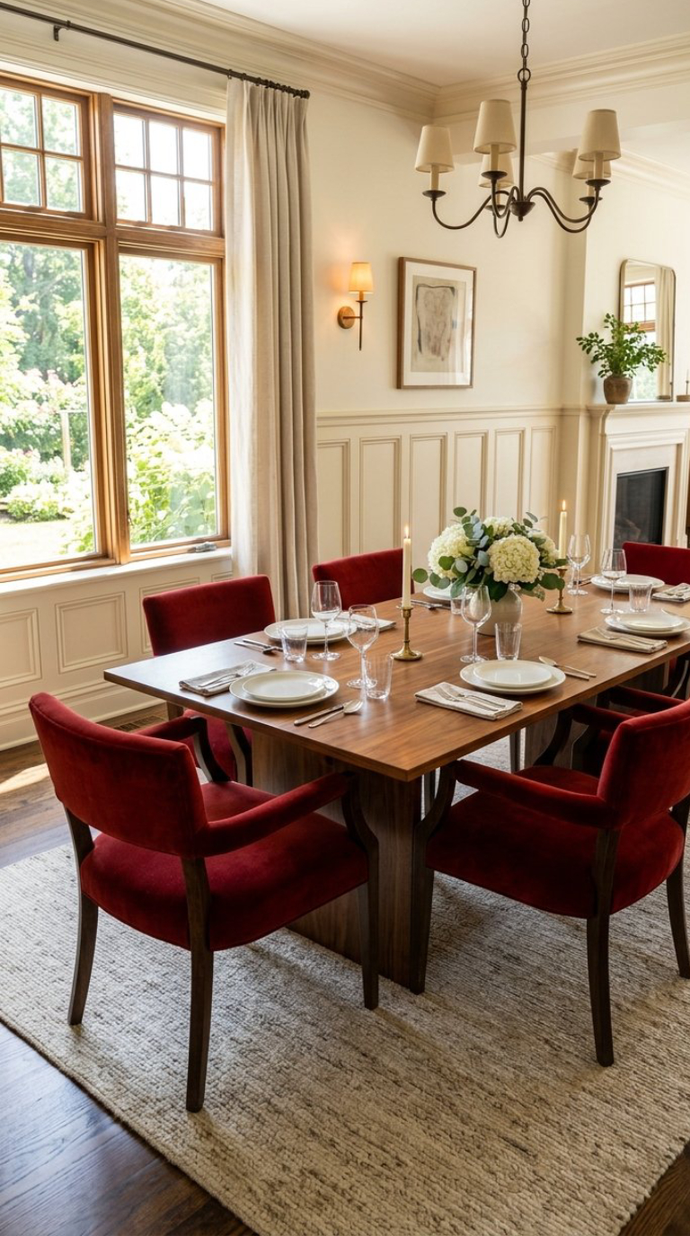 A dining room with a wooden table set for a meal, surrounded by red cushioned chairs. The table is adorned with white plates, glassware, and a central floral arrangement of white hydrangeas. Two lit candles add warmth to the setting. The room features large windows with beige curtains, paneled walls, and a chandelier hanging from the ceiling.