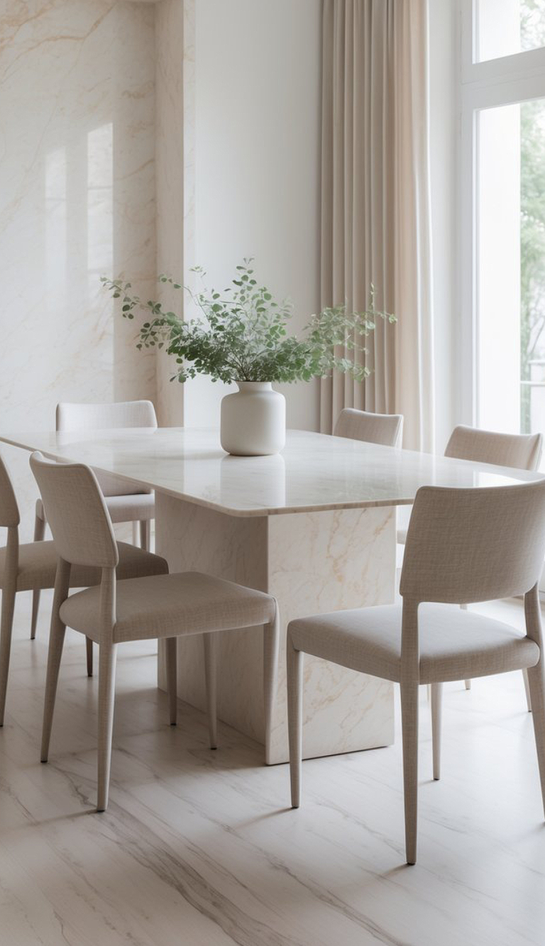 A minimalist dining room with a marble table surrounded by six cream-colored upholstered chairs. A white vase with green foliage is centered on the table. The room has marble floors and walls, complemented by beige curtains and ample natural light.