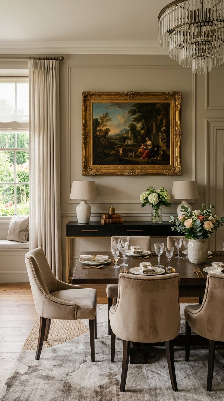 Elegant dining room with a dark wooden table, beige upholstered chairs, and a chandelier. A large, ornate framed painting hangs on the wall above a console table adorned with table lamps and floral arrangements. A window with light curtains lets in natural light from the side.
