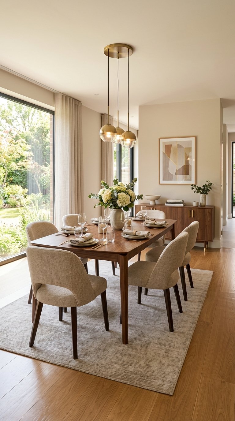 A modern dining room featuring a wooden table set with place settings and surrounded by upholstered chairs on a light rug, with large windows allowing natural light to fill the space. Above the table, a stylish pendant light with gold accents hangs from the ceiling. The room includes a sideboard with decorative items and framed artwork on the wall.