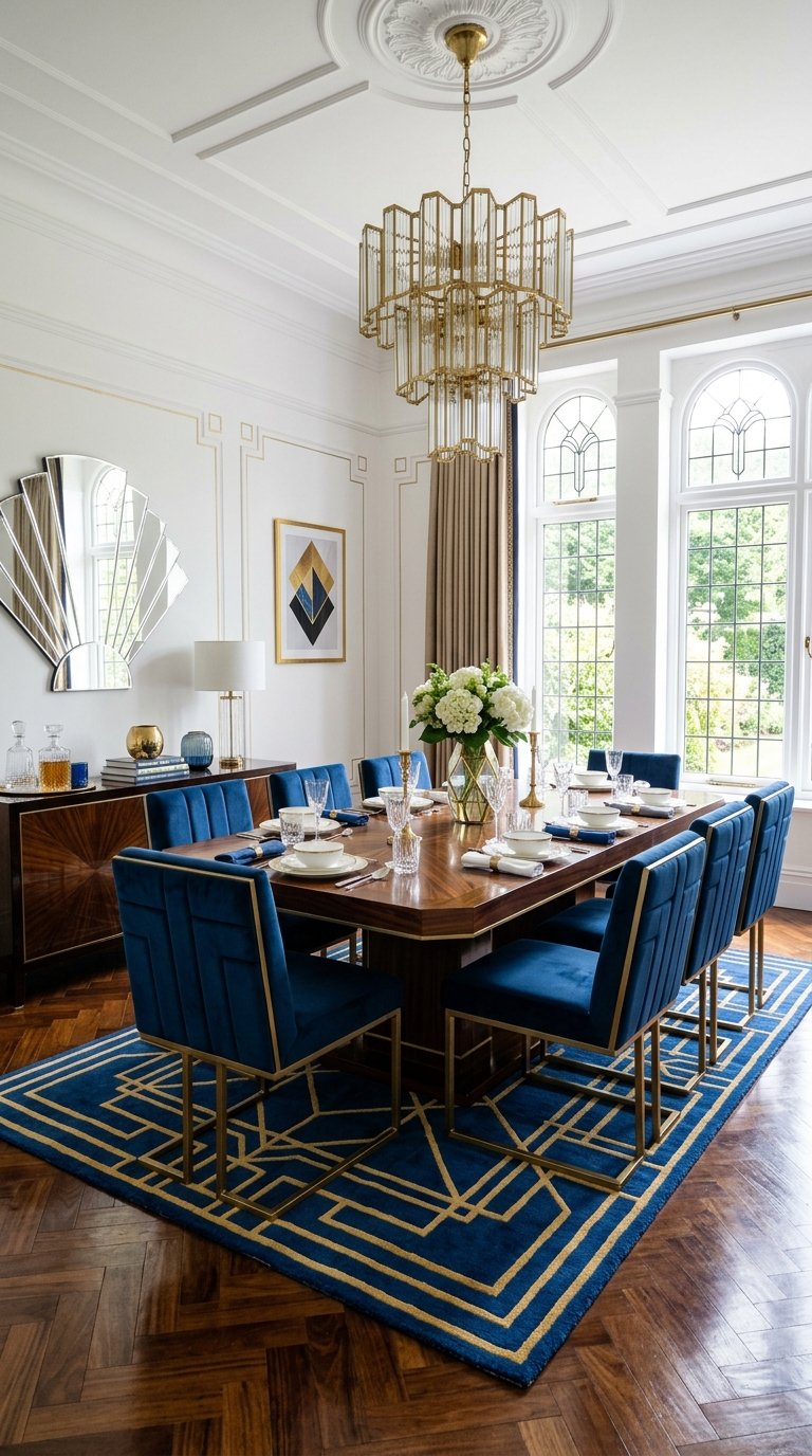 A luxurious dining room featuring a wooden table surrounded by blue velvet chairs with gold accents. A geometric blue and gold rug lies underneath. The room has white walls with decorative molding, a large gold chandelier, and large windows allowing natural light. A modern art piece and a fan-shaped mirror adorn the walls, and there is a sideboard with decorative items on top.