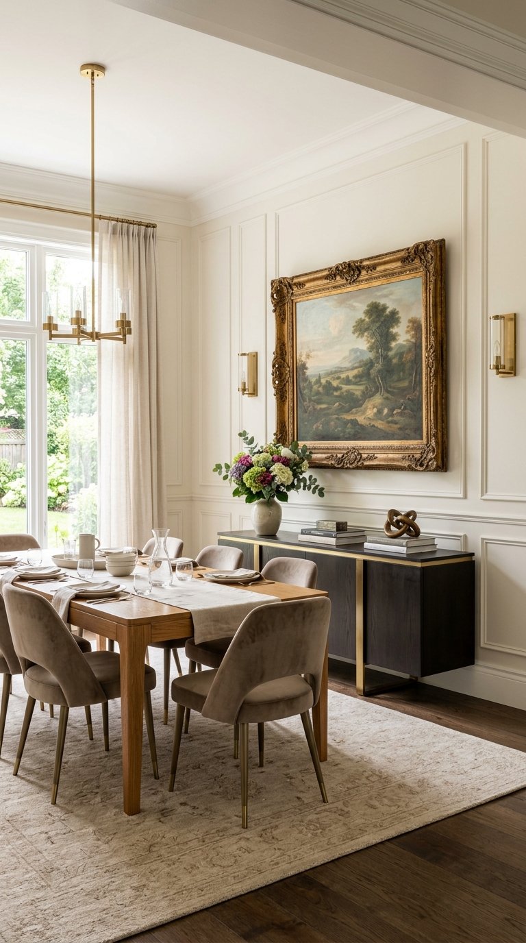 A sophisticated dining room featuring a wooden table surrounded by cushioned chairs, set with dinnerware and glassware. A large landscape painting in a decorative frame hangs on the wall above a sideboard with a vase of colorful flowers and books. The room has natural light streaming in from a large window, and is illuminated by a modern chandelier and wall sconces.