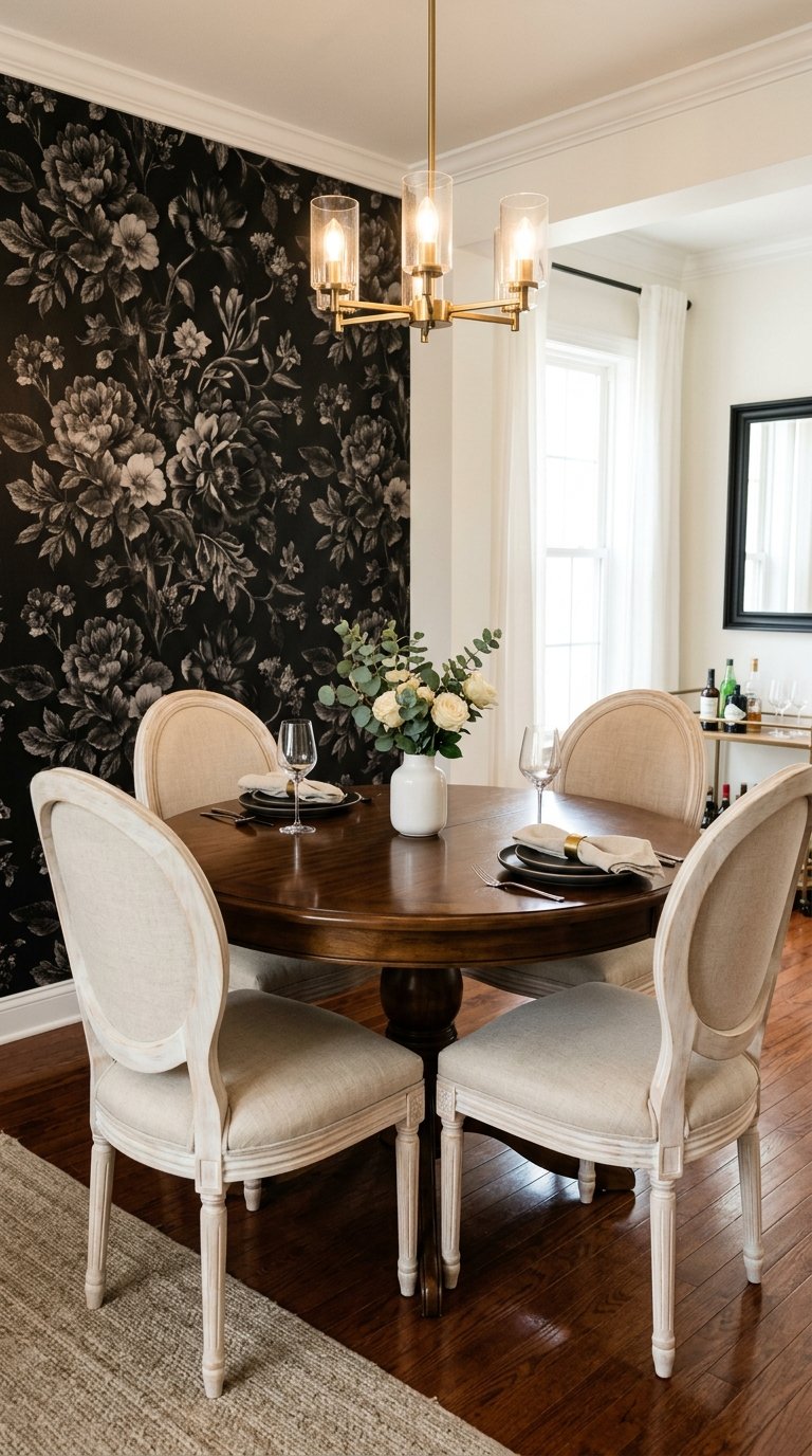 A dining room featuring a round wooden table with four upholstered chairs, set for four with wine glasses and napkins. A white vase with flowers sits on the table. The room has a floral-patterned black wallpaper, a brass chandelier above, and hardwood flooring.