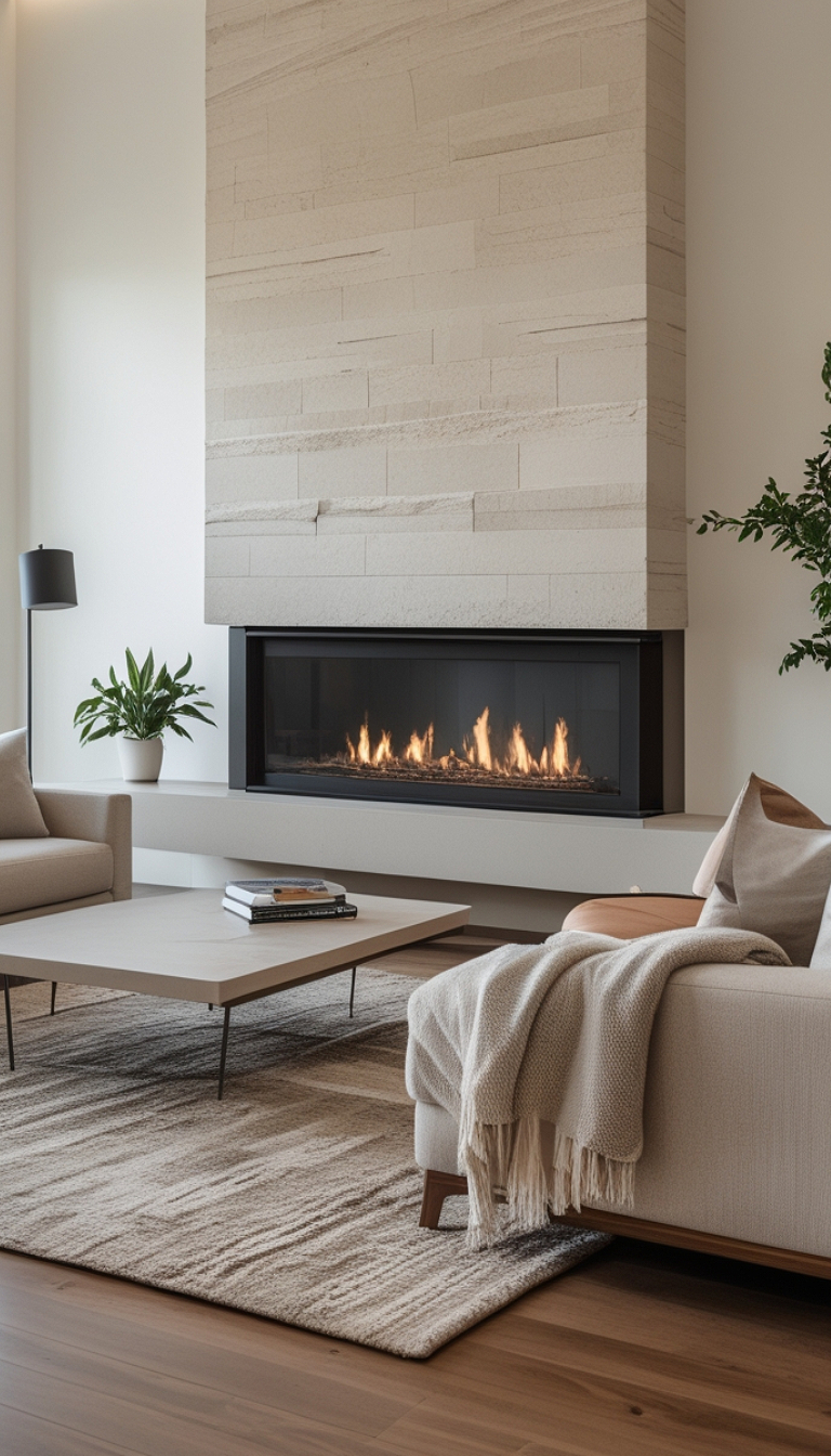 A modern living room with a minimalist design featuring a large fireplace with a stone facade. The room includes a beige sofa draped with a knit throw, a rectangular coffee table with books, and a neutral rug. There are potted plants and a floor lamp adding to the decor.