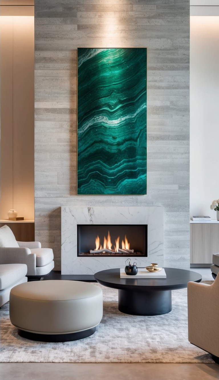 Modern living room featuring a marble fireplace with a flickering fire, a large green abstract artwork above, a round black coffee table, and a light gray ottoman, surrounded by beige seating and neutral decor.