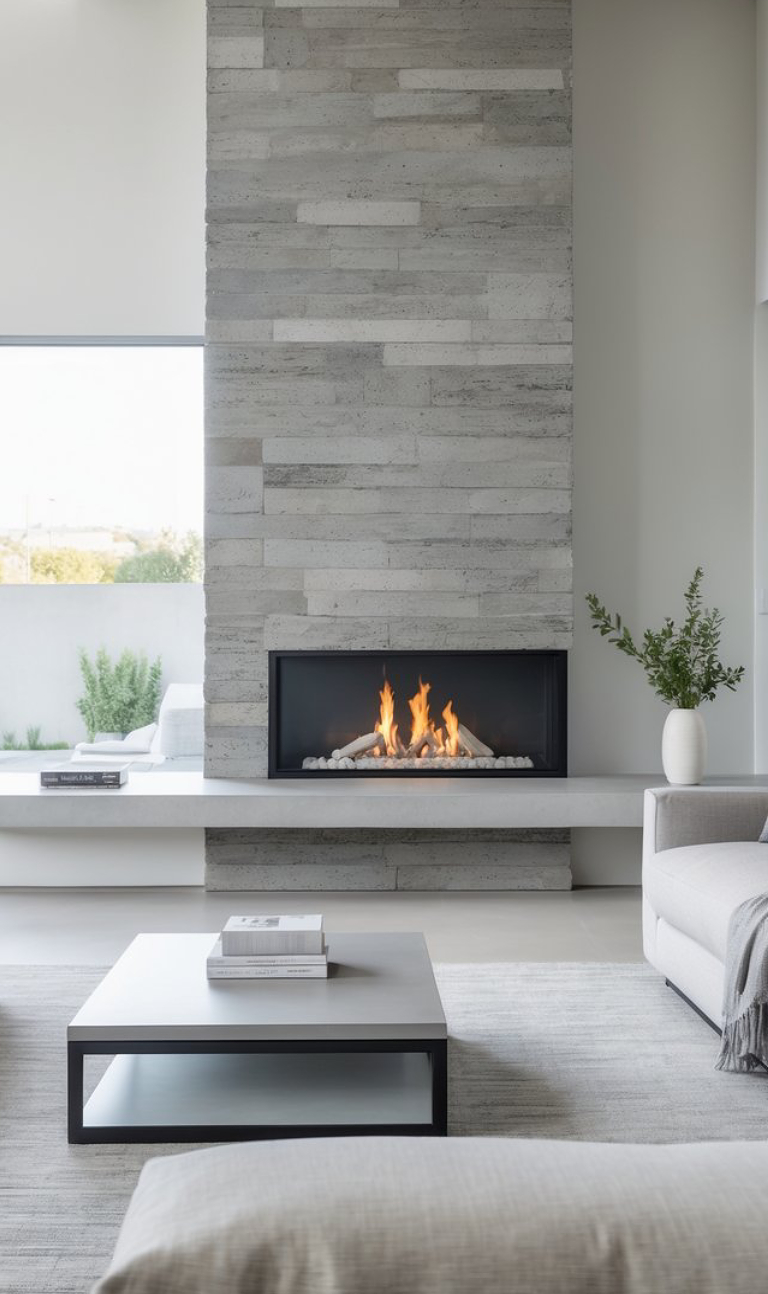 Modern living room interior with a light gray stone fireplace, a rectangular coffee table with books, and a minimalistic design featuring neutral tones.