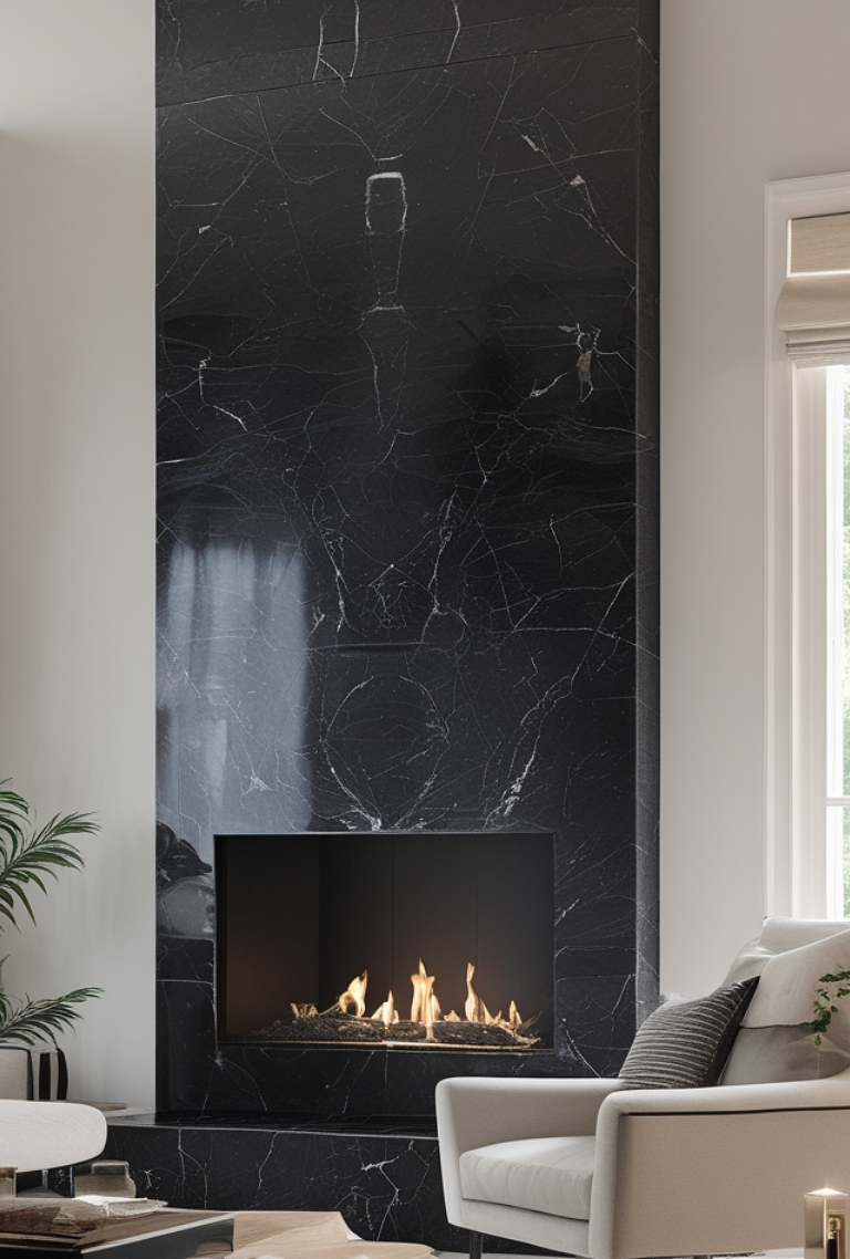 A modern living room featuring a sleek black marble fireplace with visible white veining and a cozy fire burning inside. The room includes neutral furnishings and a large window allowing natural light to flow in.