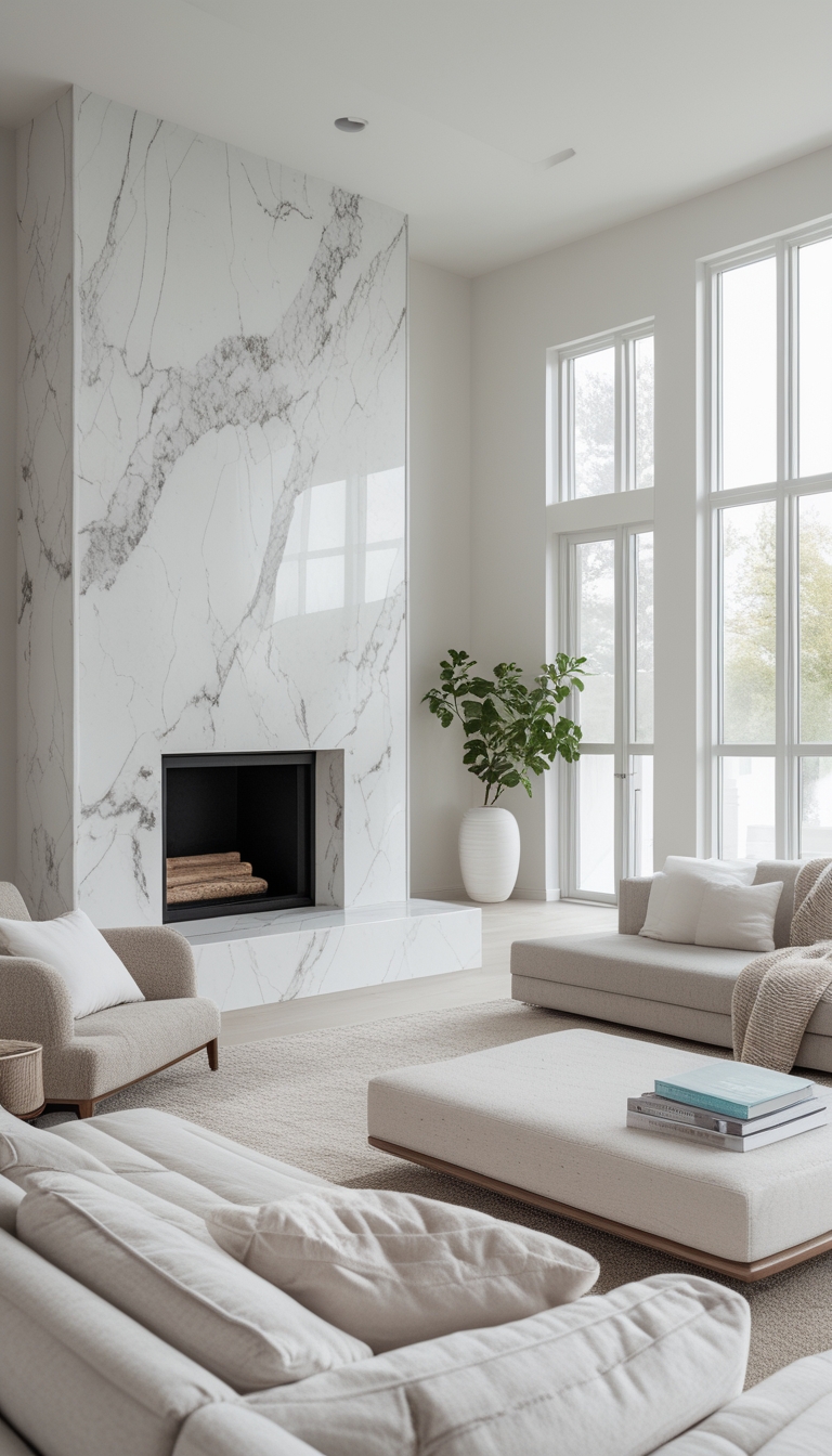 A modern living room with a large marble fireplace, neutral-colored furniture, and large windows allowing natural light to brighten the space. A potted plant stands by the window, and minimalist decor creates an elegant atmosphere.