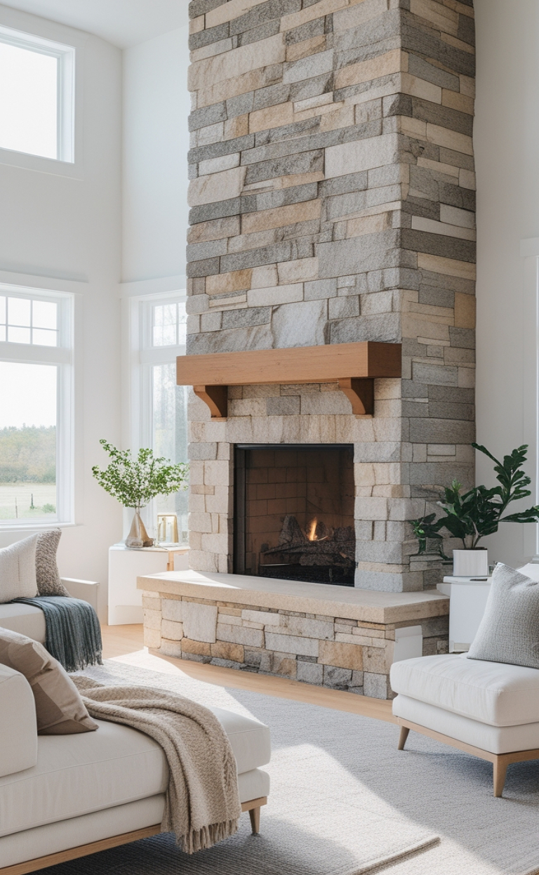 A cozy living room with a large stone fireplace, adorned with a wooden mantel. The room features light-colored furniture, including a sofa and a chair with soft pillows and throws, and is decorated with potted plants and a vase on a side table. Natural light pours in through the large windows, creating a bright and welcoming atmosphere.