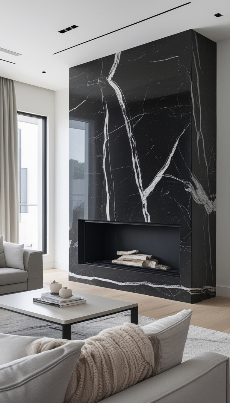 A modern living room featuring a striking black marble fireplace with white veining, surrounded by minimalistic furniture including light gray sofas and a rectangular coffee table. A large window allows natural light to illuminate the room, enhancing its contemporary and luxurious ambiance.