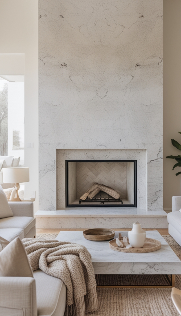 A modern living room featuring a tall, white marble fireplace with a geometric design, surrounded by cozy beige furniture. A large, light gray coffee table with woven trays and a decorative vase is centered in the room. A thick, knitted blanket is draped over the sofa, and natural light streams through large windows, illuminating the soft, calming decor.