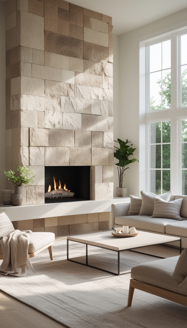 A modern living room featuring a tall, stone-clad fireplace with a cozy fire burning, set against a large window letting in natural light. The room includes neutral-colored sofas, a minimalist coffee table, and decorative plants, creating a serene atmosphere.
