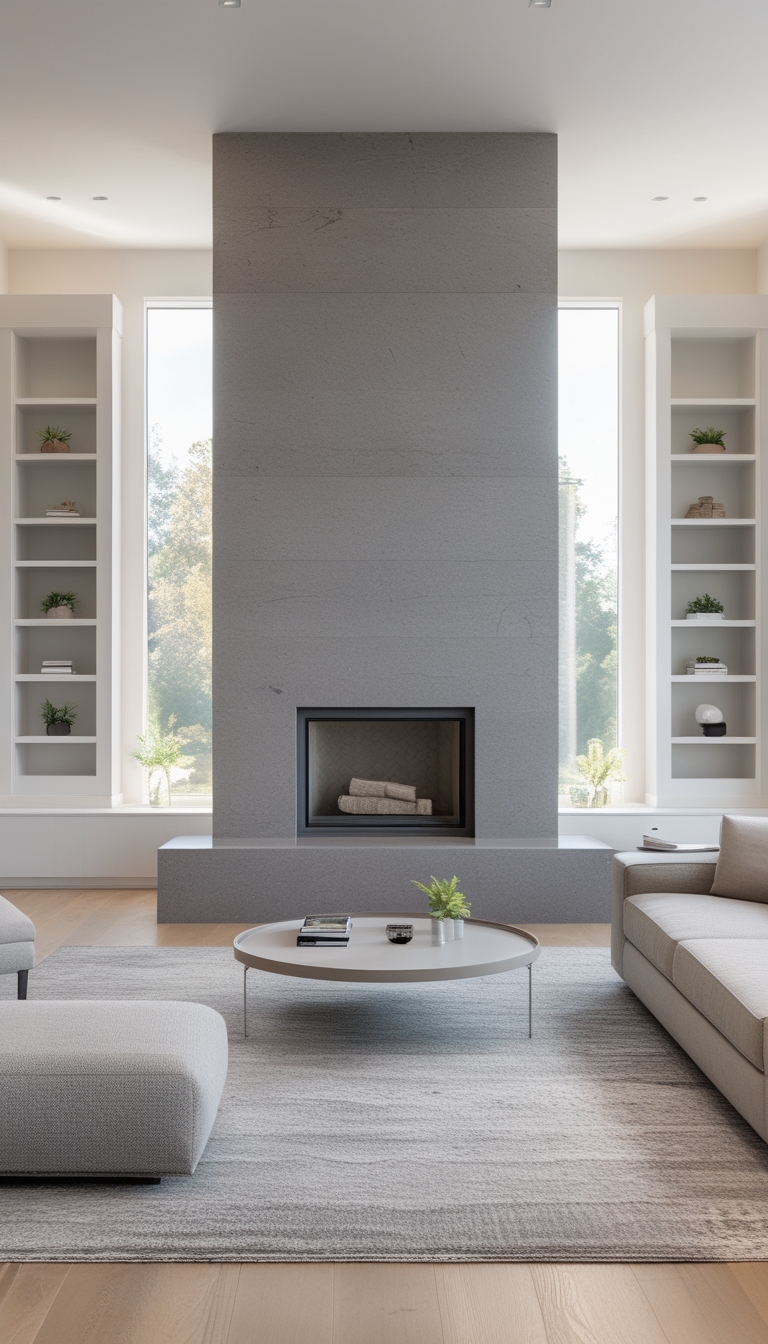 Modern living room with a central fireplace, flanked by tall windows and built-in shelves, featuring a light gray sofa, circular coffee table, and textured rug on a wood floor.
