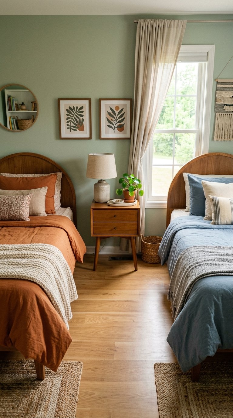 A cozy bedroom with two twin beds featuring earth-toned bedding, a wooden nightstand with a lamp and potted plant between them, and a window with beige curtains. The walls are adorned with botanical art and a small round mirror.