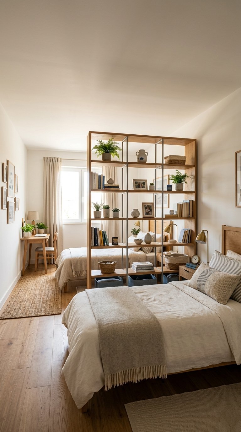 A cozy bedroom with two beds separated by a wooden open shelving unit displaying books, plants, and decor. The room features light wood flooring, neutral bedding, and a small desk near a window with flowing curtains. The walls are decorated with framed artwork and the space is brightened by natural light.