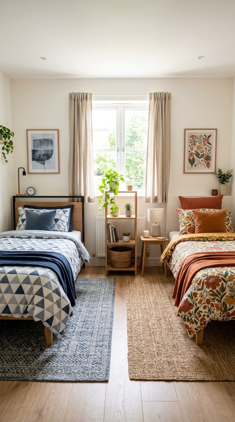 A bright bedroom interior featuring two single beds side by side, each with different styles of bedding. The left bed has a blue and white geometric pattern, while the right bed is adorned with floral bedding in warm tones. Between the beds is a wooden bookshelf holding plants and books. A window with beige curtains lets in natural light, and framed art pieces hang above each bed. A small bedside table with a lamp and various decorative elements complete the cozy arrangement.