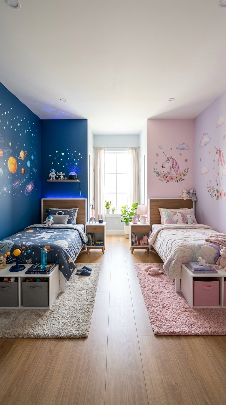 A children's bedroom with two beds, one with a space theme including dark blue walls and stars, and the other with a unicorn theme featuring pink walls and unicorns. Each bed has its own small table and a colorful rug underneath, with a window in the background letting in natural light.