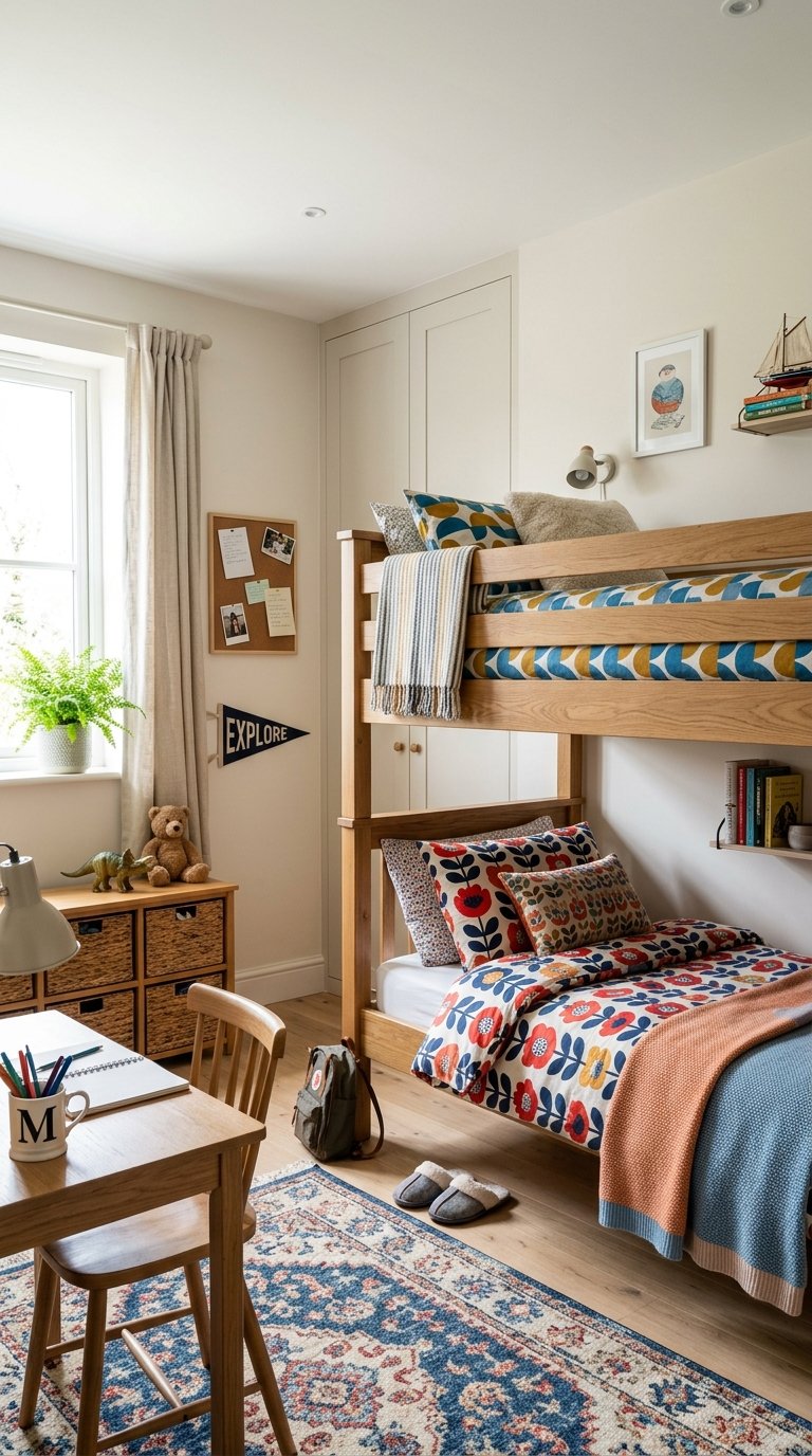 A cozy children's bedroom featuring a wooden bunk bed with colorful bedding, a small wooden desk with a chair, and a patterned rug. The room is decorated with a potted plant, a ship model, and a wall-mounted bookshelf. There is a window with curtains, a bulletin board with notes, and a plush toy on a cabinet. Slippers and a small backpack are on the floor.