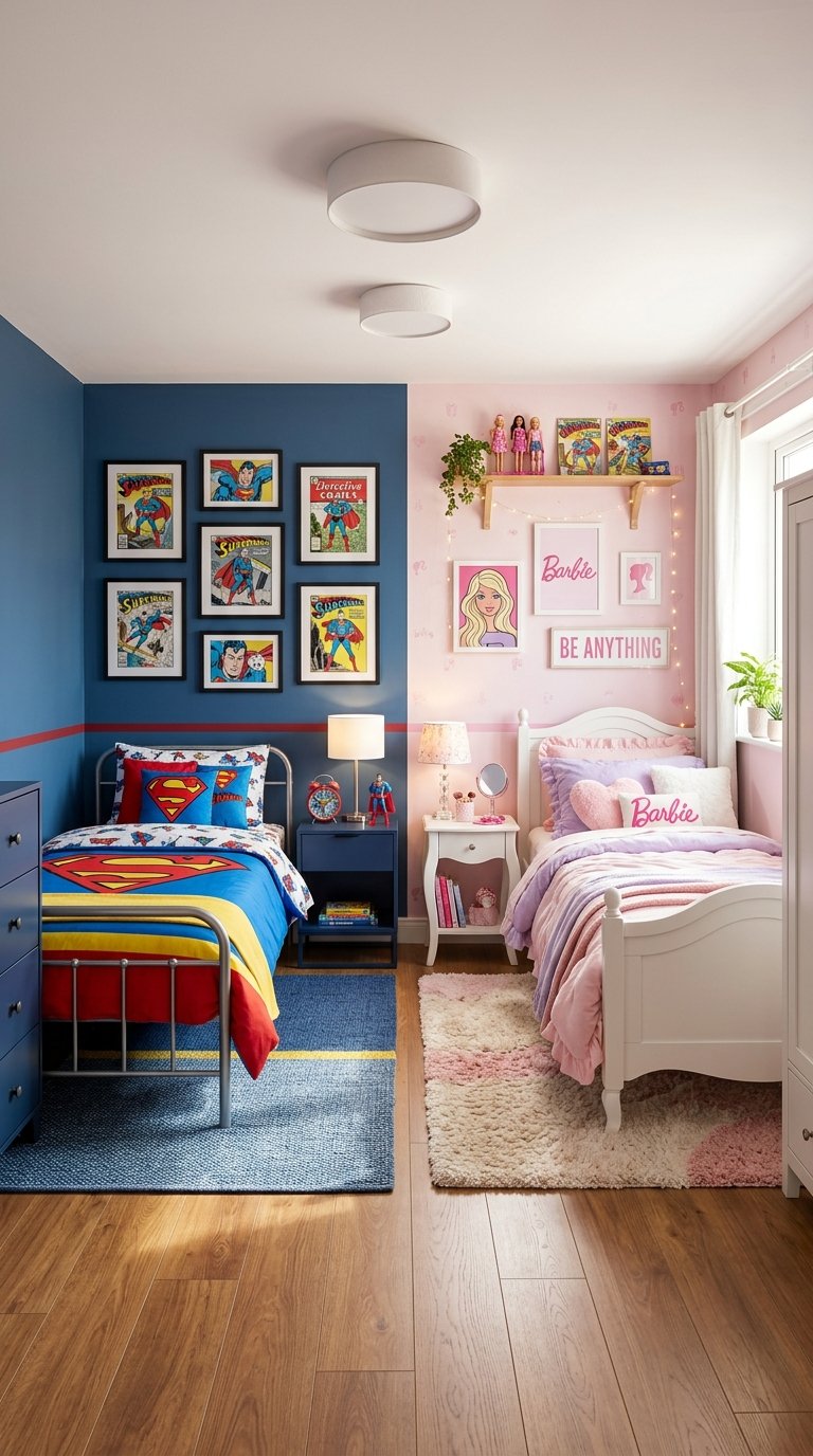 A children's bedroom with two distinct sections: one side features a superhero theme with a blue wall, superhero bedding, and framed comic covers; the other side has a Barbie theme with pink walls, Barbie decor, and a white bed with pink bedding.