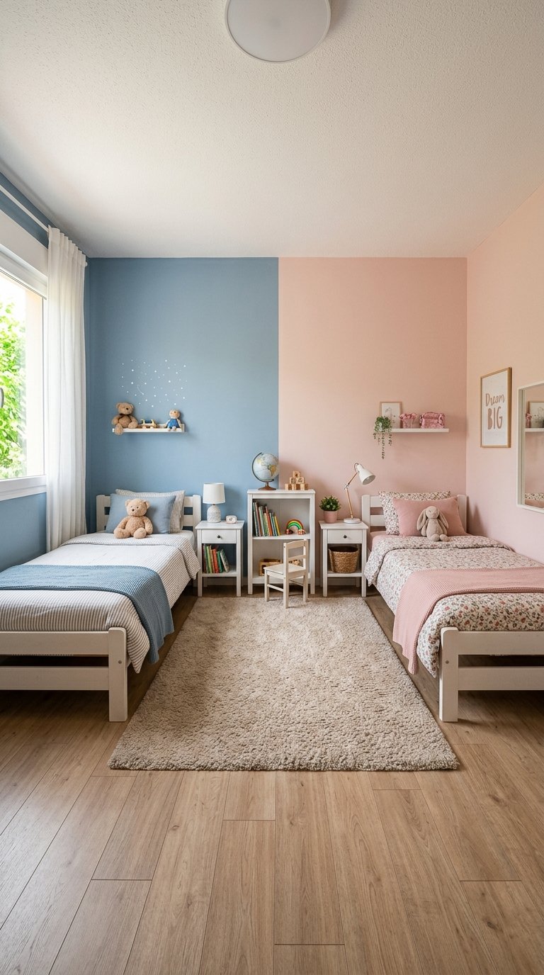 A child's bedroom with two single beds, one on a blue wall and the other on a pink wall. The room features a central desk with a chair, shelves with toys, and a soft rug on a wooden floor. Each bed has matching bedding and decorations, creating a symmetrical and inviting ambiance.