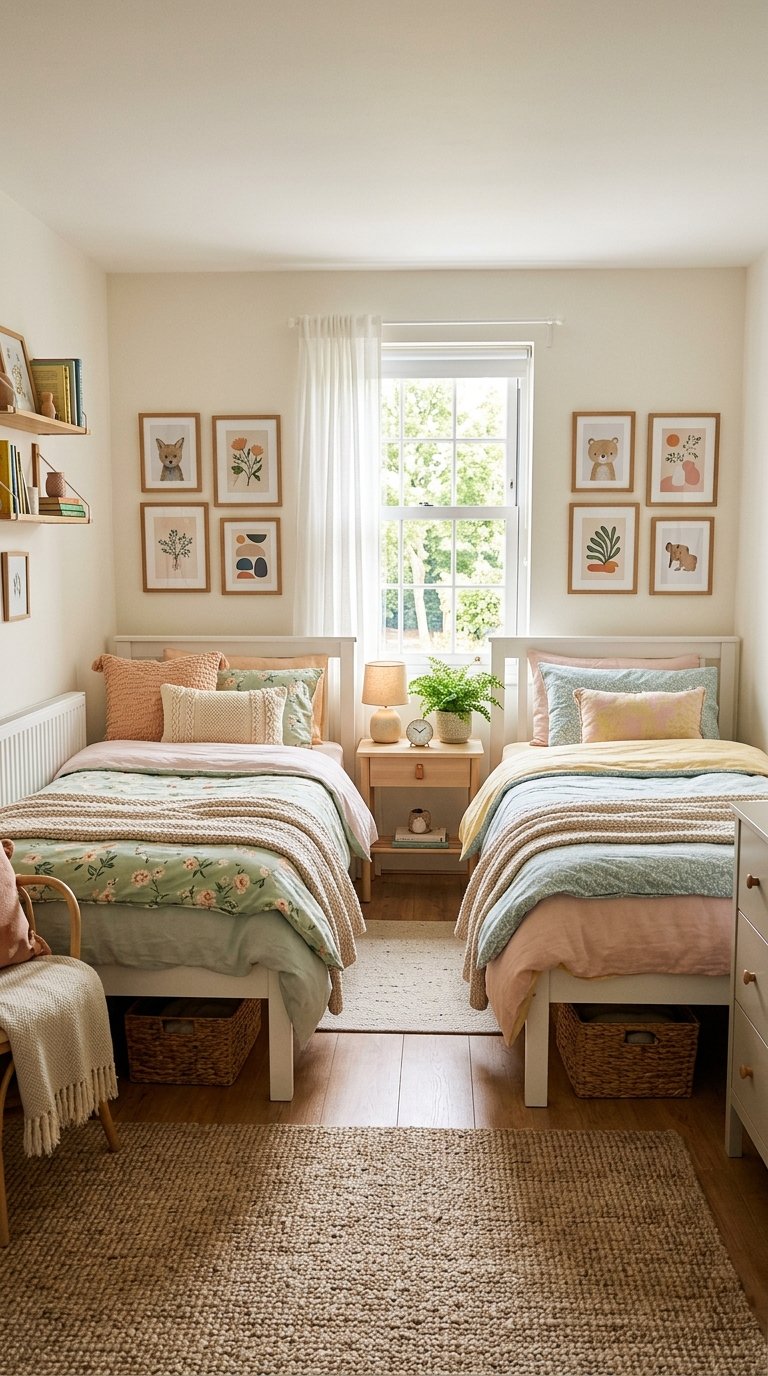 A cozy, well-lit bedroom with two twin beds adorned with floral and pastel bedding, separated by a small wooden nightstand with a lamp and plant. The walls feature framed animal and botanical artwork, and the room includes soft area rugs and wicker storage baskets beneath the beds.