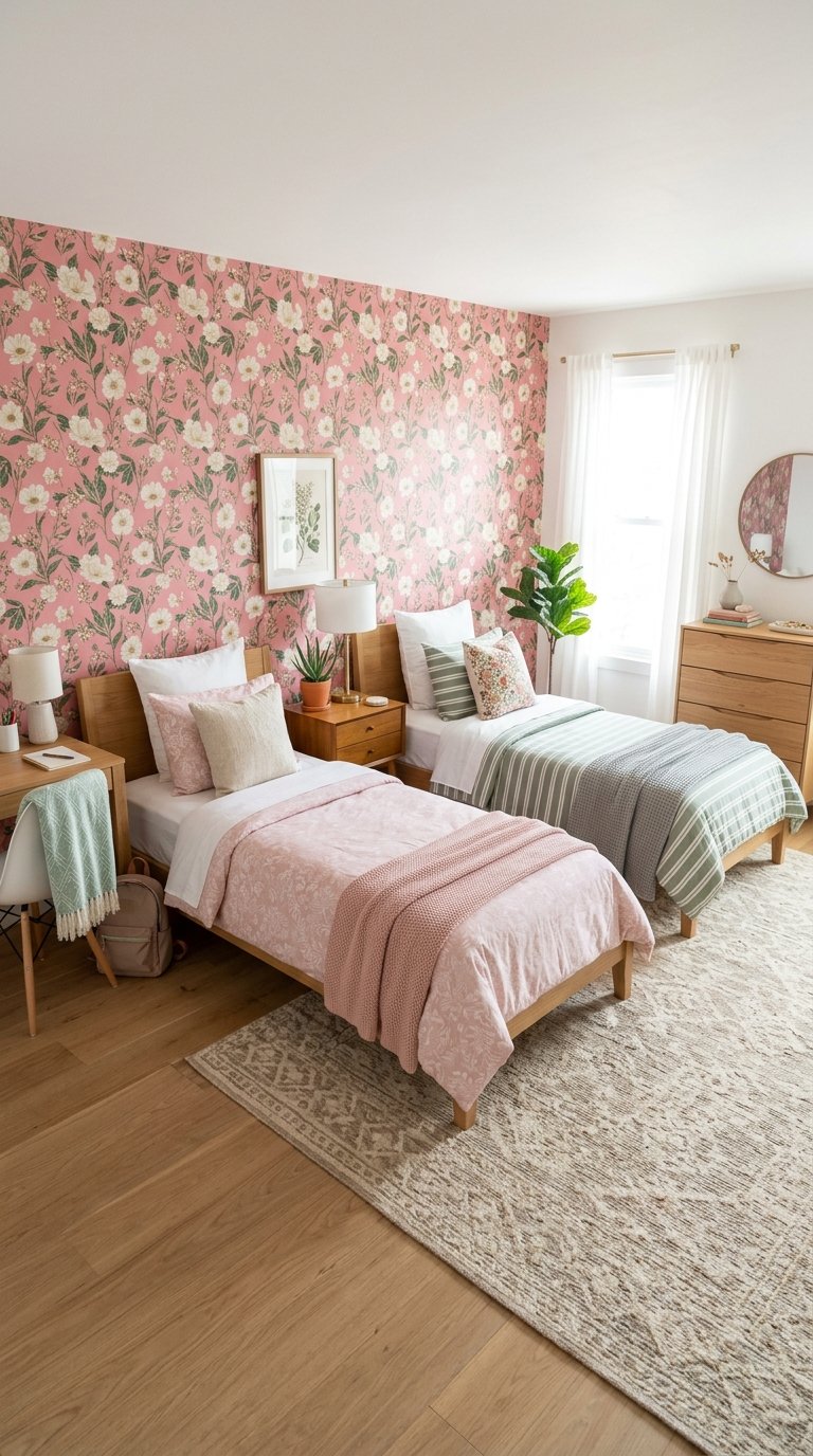 A cozy bedroom with two single beds featuring pink and green floral-themed bedding, against a pink floral wallpaper. The room includes wooden furniture such as a small desk with a chair, a nightstand, and a dresser. A potted plant, lamp, and decorative items add to the decor, and a window with sheer white curtains allows natural light to fill the room.