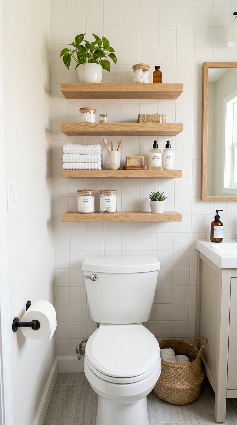 A well-organized bathroom featuring floating wooden shelves above a toilet. The shelves hold items like a potted plant, towels, and toiletries. A woven basket filled with towels is placed next to the toilet. A small sink with a countertop and a window are visible on the right side.