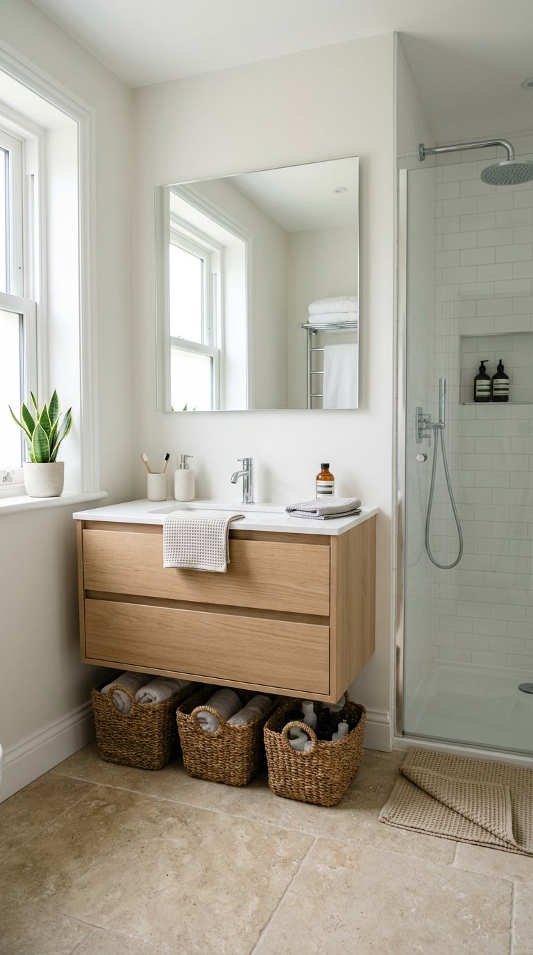 A modern bathroom with a floating wooden vanity, topped with a white countertop, a faucet, and toiletries. A large mirror hangs above the sink. Below the vanity are three woven baskets containing rolled towels. To the side, a glass-enclosed shower with a rainfall showerhead is visible. Natural light fills the room from a nearby window, beside which a potted plant is placed on the windowsill. The floor is tiled with beige stone tiles.