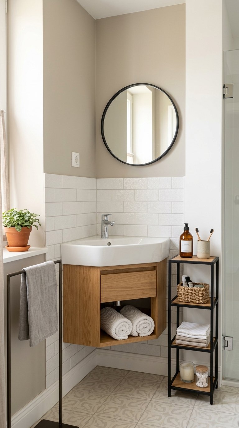 A modern bathroom features a corner sink with a wooden cabinet, a round mirror above, and white subway tiles. A metal shelf holds a plant, towels, a glass jar, and toiletries. The room has beige walls and patterned floor tiles.