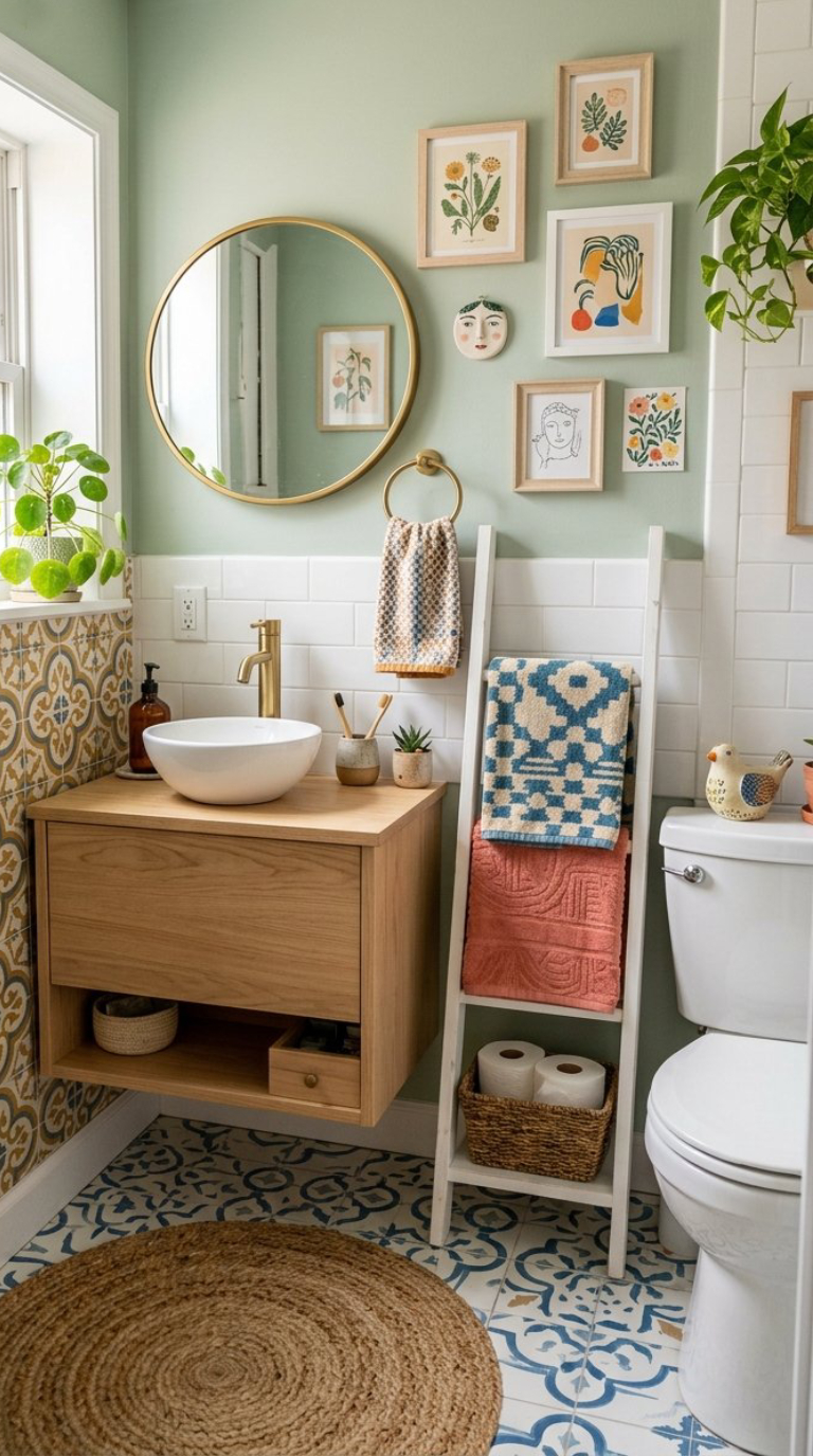 A cozy bathroom featuring a round mirror above a wooden vanity with a white vessel sink and brass faucet. The walls are painted green with white subway tiles, decorated with framed art. A ladder shelf holds towels and a basket of toilet paper. The floor has intricate blue and white tile patterns, and a small jute rug is placed near the toilet.