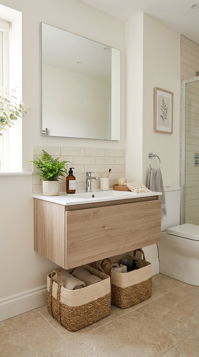 A modern bathroom featuring a wall-mounted wooden vanity with a white countertop, a large mirror above, and small tile backsplash. On the countertop, there is a potted plant, soap dispenser, toothbrush holder, and a neatly folded towel. Below the vanity, there are two woven baskets on the floor, holding rolled towels and toiletries. The bathroom has a beige and neutral color scheme with a framed botanical print on the wall.