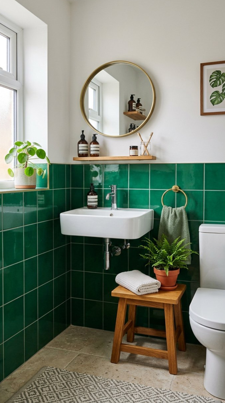 A bathroom with green tiled walls featuring a white sink, a round mirror, wooden shelf with toiletries, and a potted plant on the windowsill. A wooden stool holds a potted fern and a rolled towel next to a toilet. A towel hangs on a gold towel ring, and a patterned rug is on the floor.