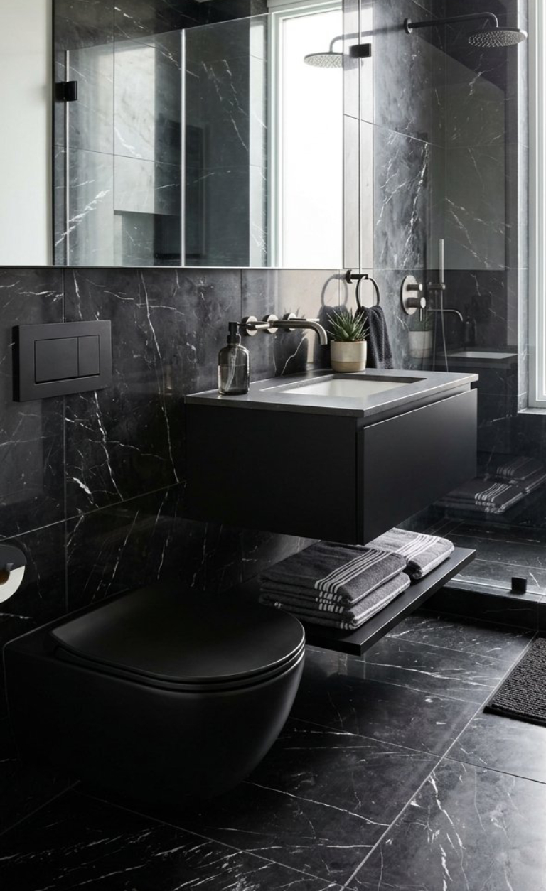 A modern bathroom with black marble walls and floor, featuring a wall-mounted toilet and sink with a gray countertop. Towels are neatly stacked below the sink, and a potted plant and soap dispenser are placed on top. A shower head is visible in the background next to a large mirror.